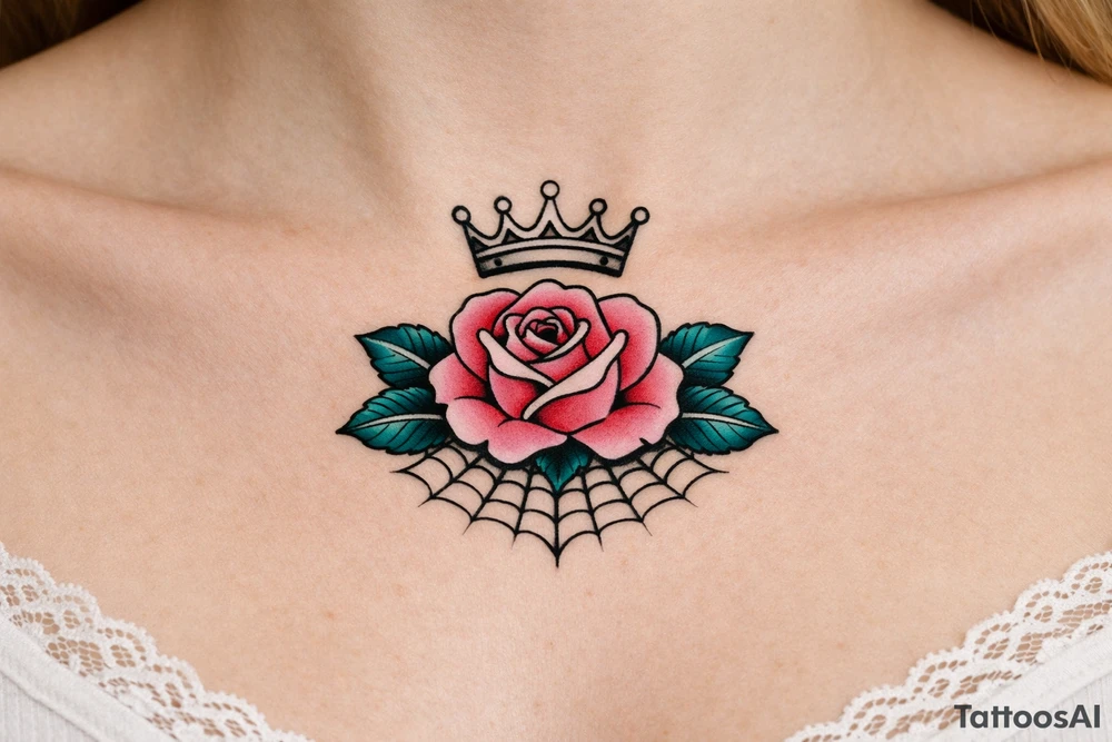 Pink and petrol rose , petrol leaves no stem, minimalist crown above it, crown is black and white and has no gems, spider web beneath tattoo idea