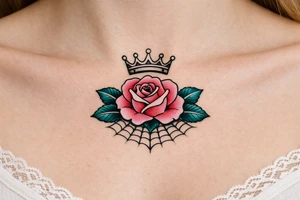 Pink and petrol rose , petrol leaves no stem, minimalist crown above it, crown is black and white and has no gems, spider web beneath tattoo idea