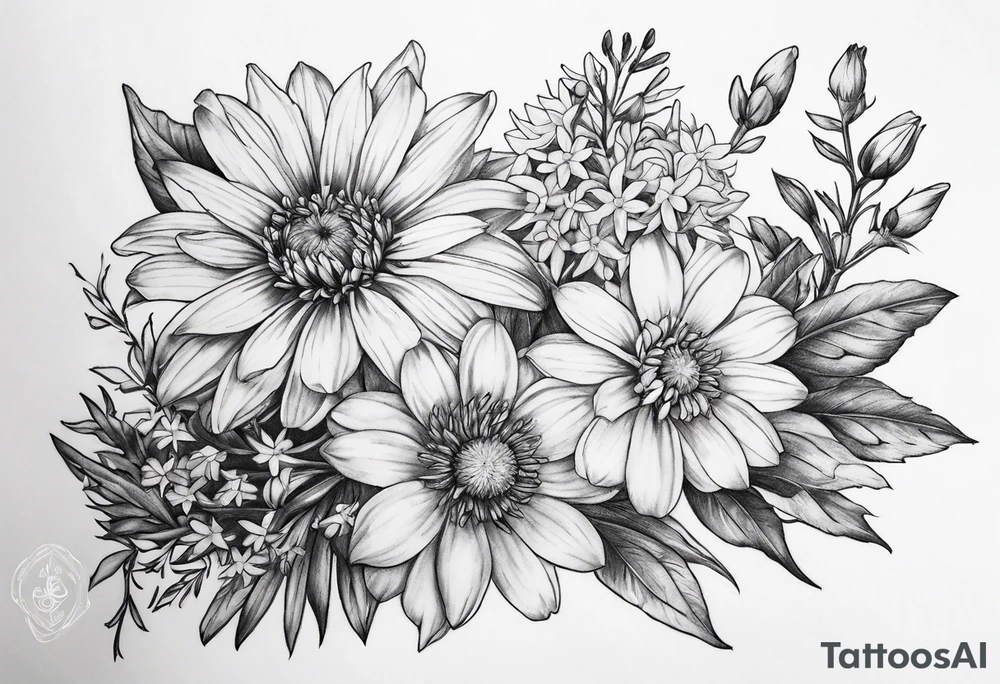 Aster and larkspur bouquet tattoo idea