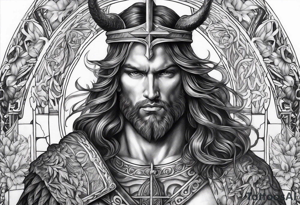 christian religion incorporating aint michael slaying Lucifer sleeve tattoo idea