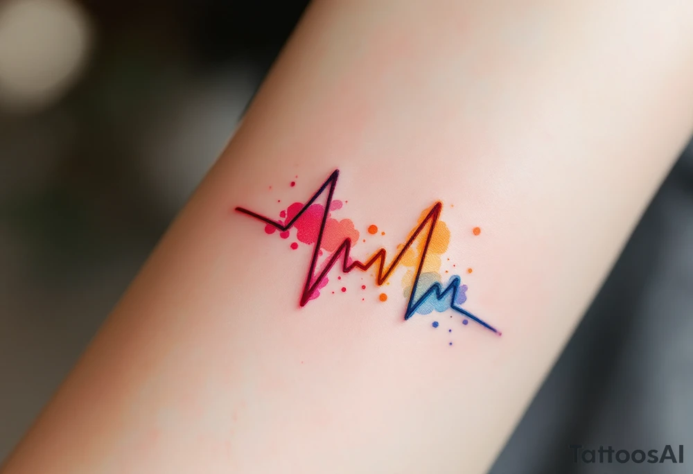 A multi-colored EKG tattoo in shades of red, orange, and blue, representing the vibrancy of life. tattoo idea