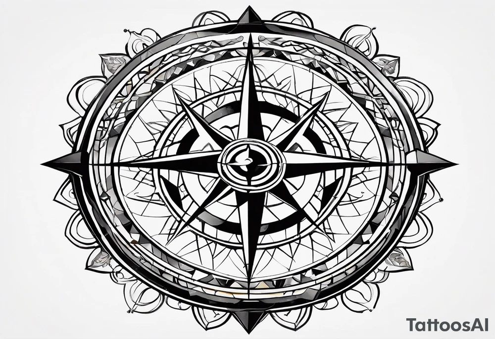 a classic compass rose as the central element, Overlaying the compass rose is a simplified molecular structure of serotonin tattoo idea