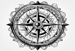 a classic compass rose as the central element, Overlaying the compass rose is a simplified molecular structure of serotonin tattoo idea