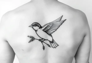 neotraditional sparrow flying with a twig of lavender in the claw tattoo idea