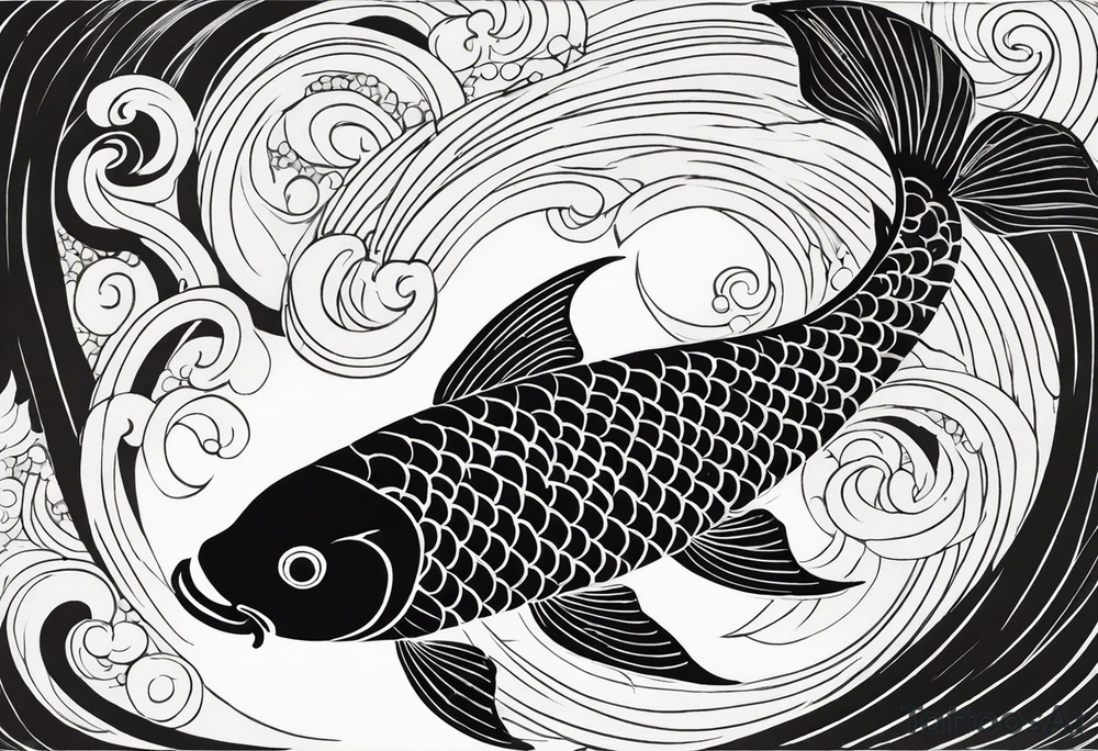 A black-and-white silhouette of a koi fish in a calligraphy style, viewed from above. The fish is intricately outlined with sharp, fluid lines, emphasizing its graceful, curved body. The koi fish is depicted with bold black and white contrasts, with simple, abstract shapes indicating where orange would normally be, but left as stark black and white outlines. The splash of water and ink blobs surrounding the fish are represented by bold, sweeping black shapes, with intricate details, giving the illusion of movement. The dark surface beneath the fish is solid black, providing a stark contrast to the white fish and water splashes. The overall composition is clean, with strong contrasts and no gradients, capturing the elegant fluidity of the koi in a minimalist, high-contrast silhouette. tattoo idea