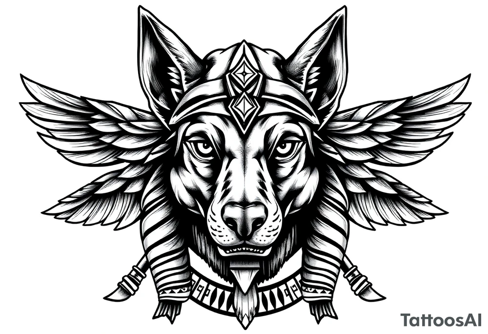 Egyptian Anubis god face muscle in Egypt style  with mantle on head with empty eyes 

dog face surrounded Egyptian symbols based on elements tattoo idea