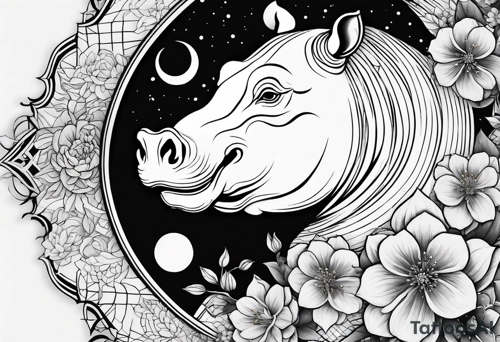 Very asymmetrical, +geometric pattern, with realistic full moon, with seeious looking hippo, +zen feel, + Buddhism touch,
with wintersweet flower bud, +portrait orientation, +inkart touch, tattoo idea