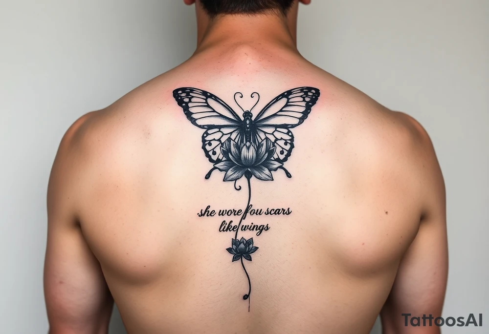 butterfly with cracked wings and lotus flower with quote that says “she wore her scars like wings” all down spine but very elegant towards lower back and small tattoo idea