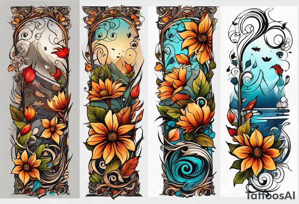 arm sleeve with fall colors, flowers, water flow shapes, leaves and various natural shapes, music staff tattoo idea