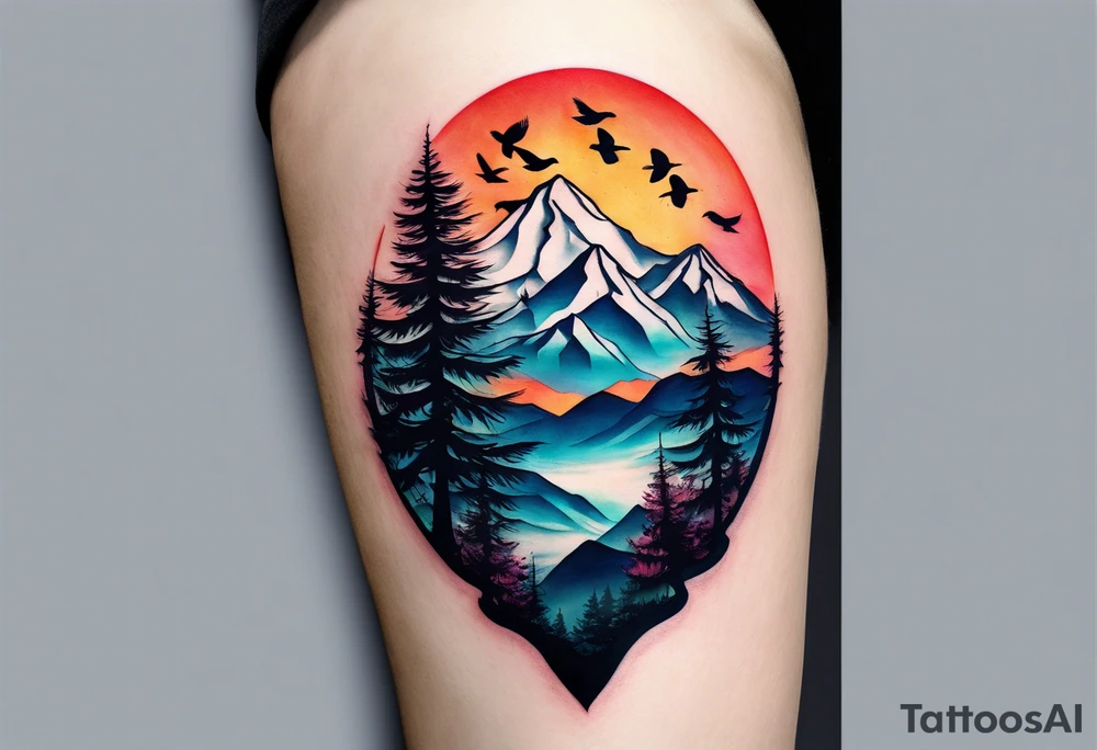 A mountain scape with trees and 5 silhouettes of birds. 2 bigger birds, 3 smaller birds tattoo idea