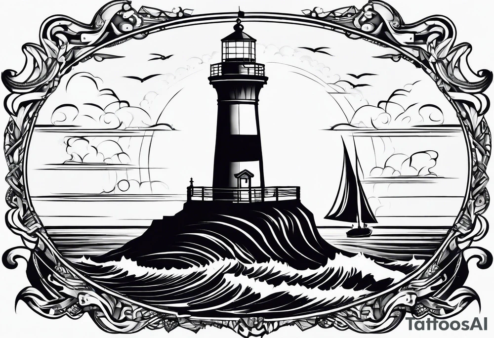 maritime lighthouse in a front view sailboat serving as a mast for a sail. tattoo idea