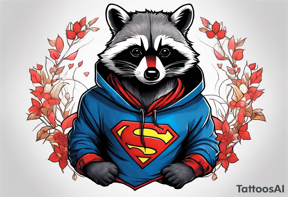 raccoon wearing a Superman hoodie tattoo idea