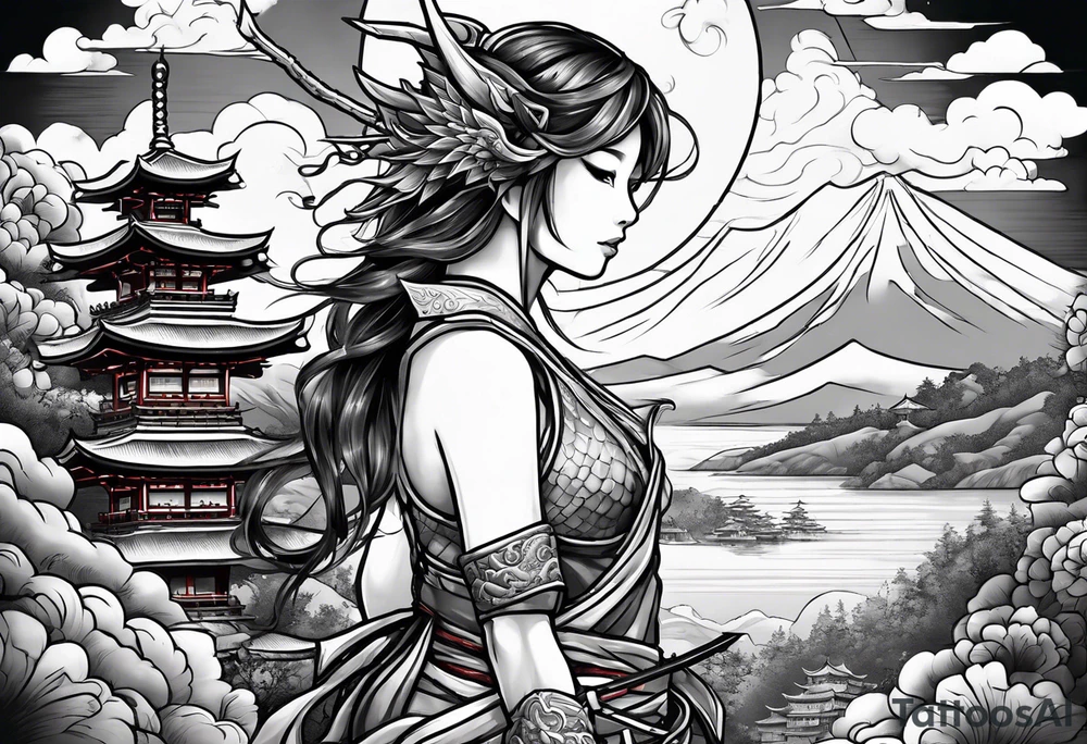 warrior beautiful fairy nymph with a full body with a sword and a full dragon with a mountain with clouds and a Japanese building background tattoo idea