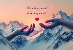 "Laska hory prenasi." — Two hands reaching across snowy mountain peaks, joined by a red heart thread and the quote floating above in soft cursive script. tattoo idea