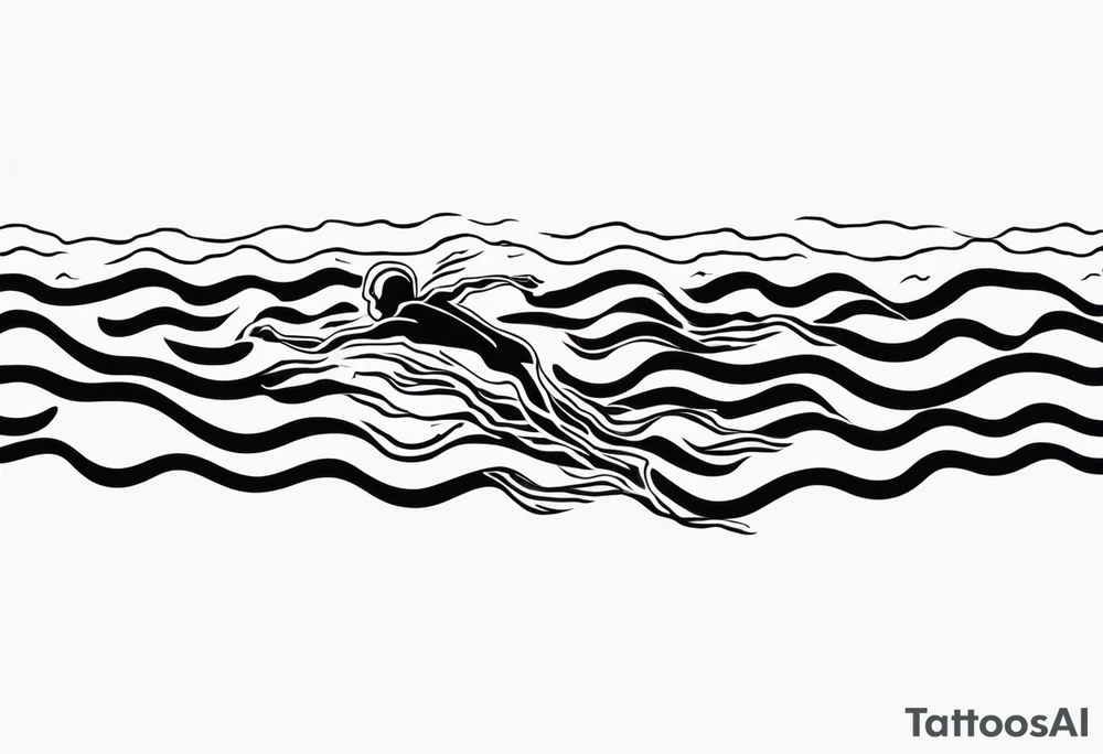 three lines mimicking water. A man horizontally crawl swimming in the water. The man is made from simple lines only tattoo idea