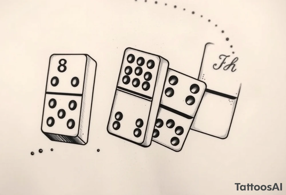 attoo design of three domino tiles falling like in a real domino chain reaction, captured in motion. Retro realistic black and grey shading, not fine-line. The tiles show: one with 8 (4+4), one with 7 (4+3), one with 6 (six dots on the bottom half). On the top half of the domino with 6, add the initials ‘JH’ in elegant retro lettering. Dynamic perspective, sense of motion, vintage realistic tattoo style.“ tattoo idea