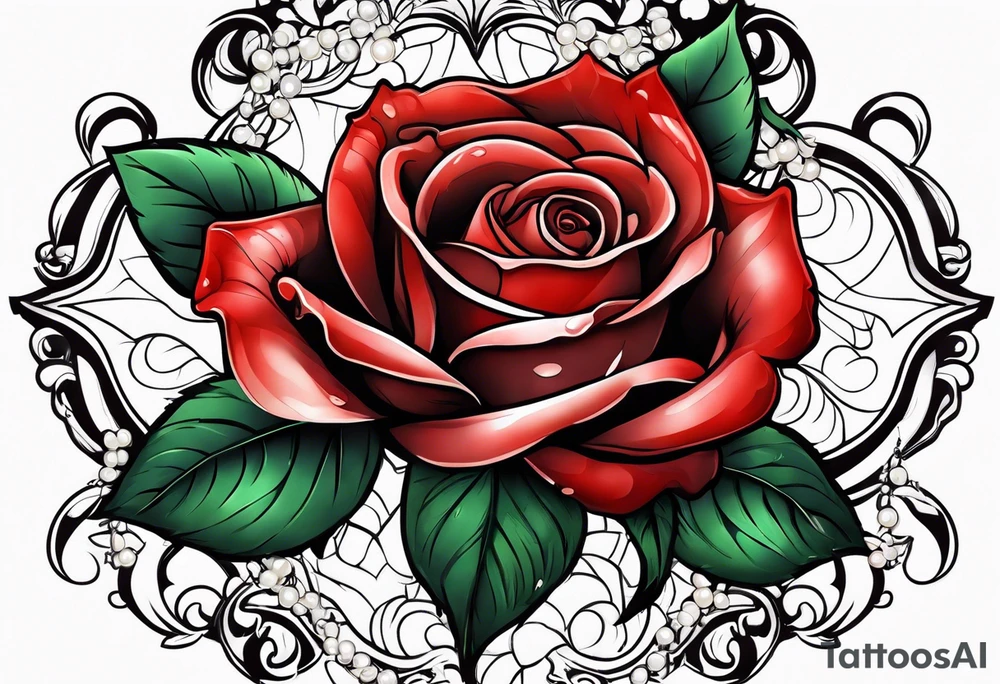 Red rose with a pearl necklace tattoo idea