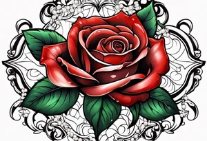 Red rose with a pearl necklace tattoo idea