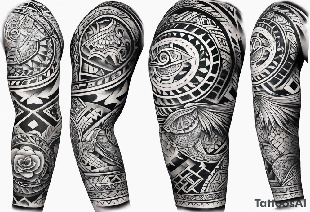 Full Polynesian tribal sleeve with turtle tattoo idea