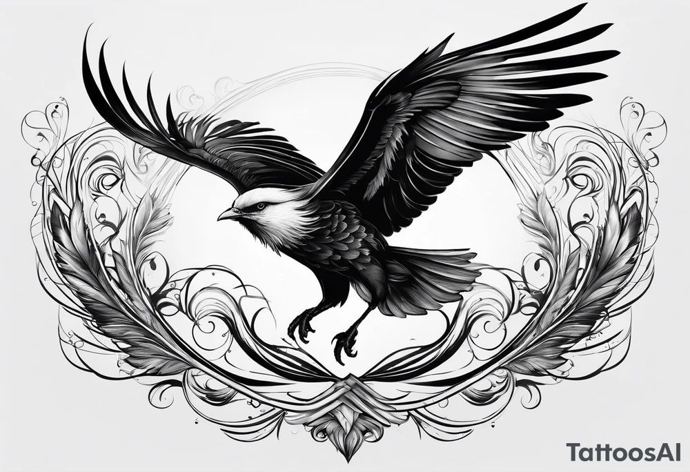 elegant long feathered bird in flight tattoo idea