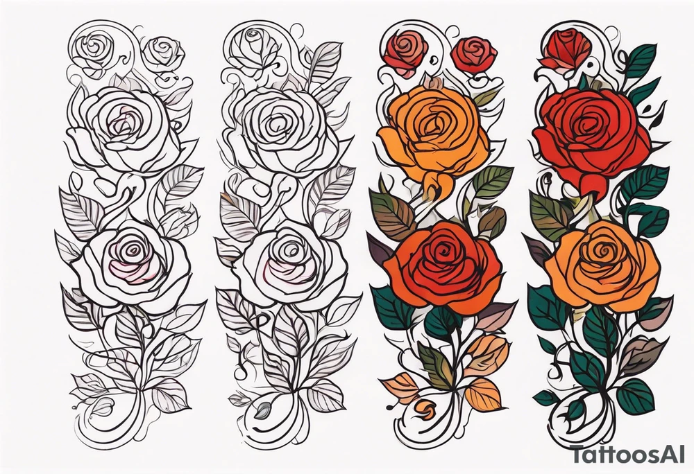 sleeve tattoo in fall colors with roses background swirls, leaves tattoo idea