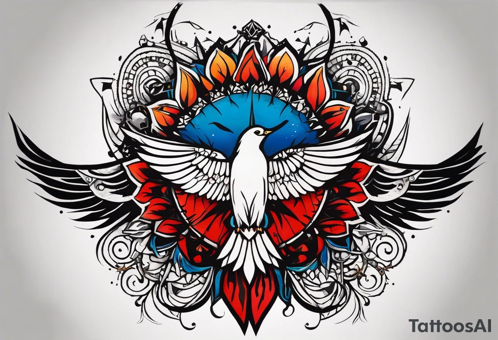 Wide tattoo that appears to be bursting out of the skin, symbolizing freedom. The tattoo should be vibrant and dynamic, with bold lines and colors that evoke a sense of liberation and empowerment. Consider incorporating elements such as broken chains, or other symbols of freedom. The tattoo should be visually striking and thought-provoking, inviting the viewer to reflect on the importance of personal freedom. tattoo idea