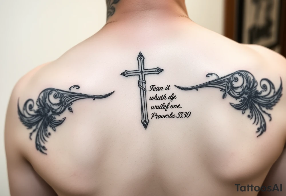 Christian tattoos for women spine with a cross and Bible verse 
Proverbs 31:30 tattoo idea