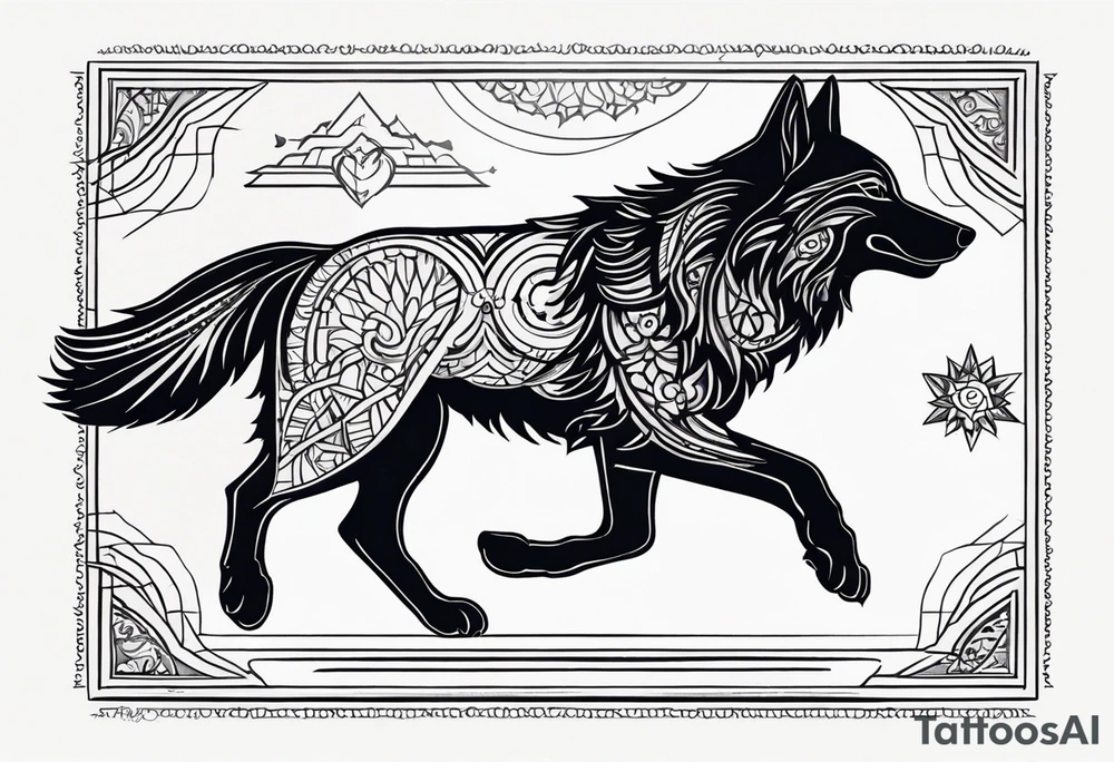 strength, small, running young wolf, elegant, armenian, sun, lenghty tattoo idea