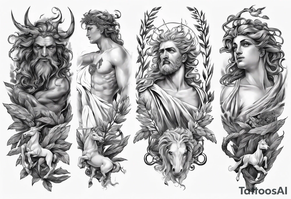 Greek mythology sleeve with Medusa, Zeus, olive branches and a Pegasus tattoo idea