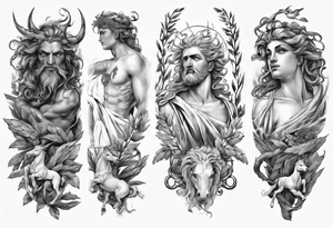 Greek mythology sleeve with Medusa, Zeus, olive branches and a Pegasus tattoo idea