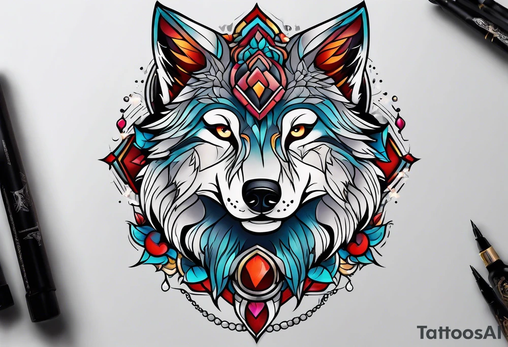 Neotraditional wolf tattoo idea
