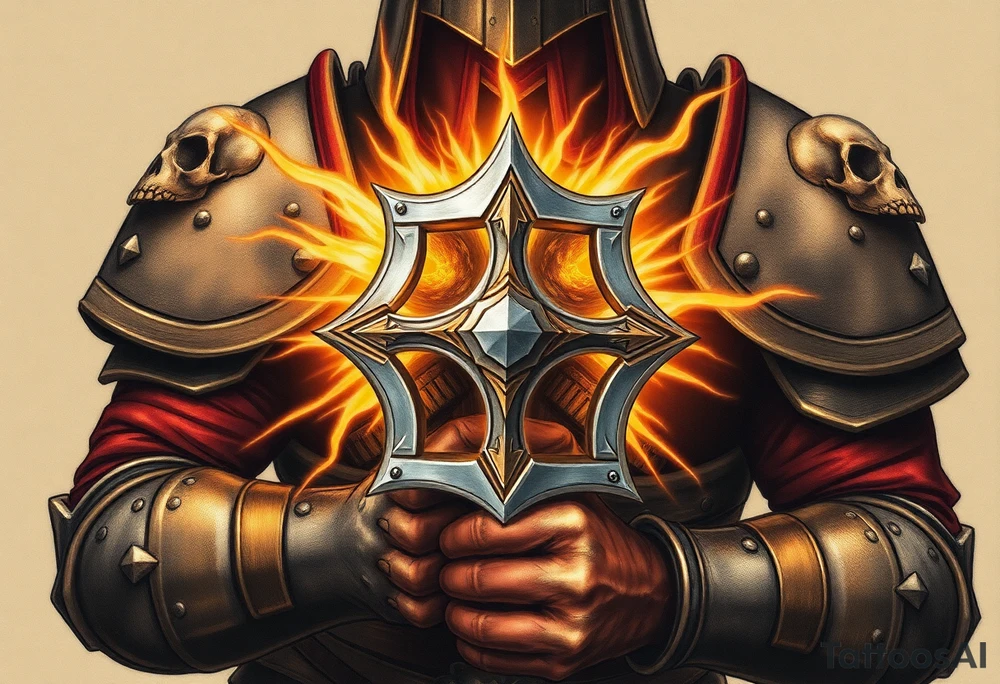 Warhammer, the Old World. A warrior priest of Sigmar holding The Warhammer of Sigmar. The Warhammer of Sigmar is radiating thunderous energy. The Warhammer is held by the warrior priest with both hands at the handle with a firm grip inorder to contain its unlimited energy, upon his chest level. The Warrior priest is wearing dark alloyed heavy armour (reference armor from warhammer vermintide 2 Victor Saltzpyres, the warrior priest of Sigmar class) with skull sigils on his shoulder pads. The warrior priest is wearing a helmet, while the helmets front visor has an humanoid face covering. The helmet and armour are gladened with hints of gold and crimson red. The Warhammer is silverish and golden with a long handle tattoo idea