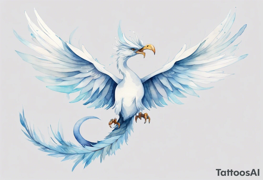 a watercolor of a white bird-serpent hybrid wearing a plain crown, with light blue wing feathers, flying in the sky tattoo idea