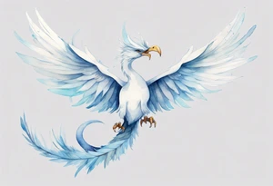 a watercolor of a white bird-serpent hybrid wearing a plain crown, with light blue wing feathers, flying in the sky tattoo idea