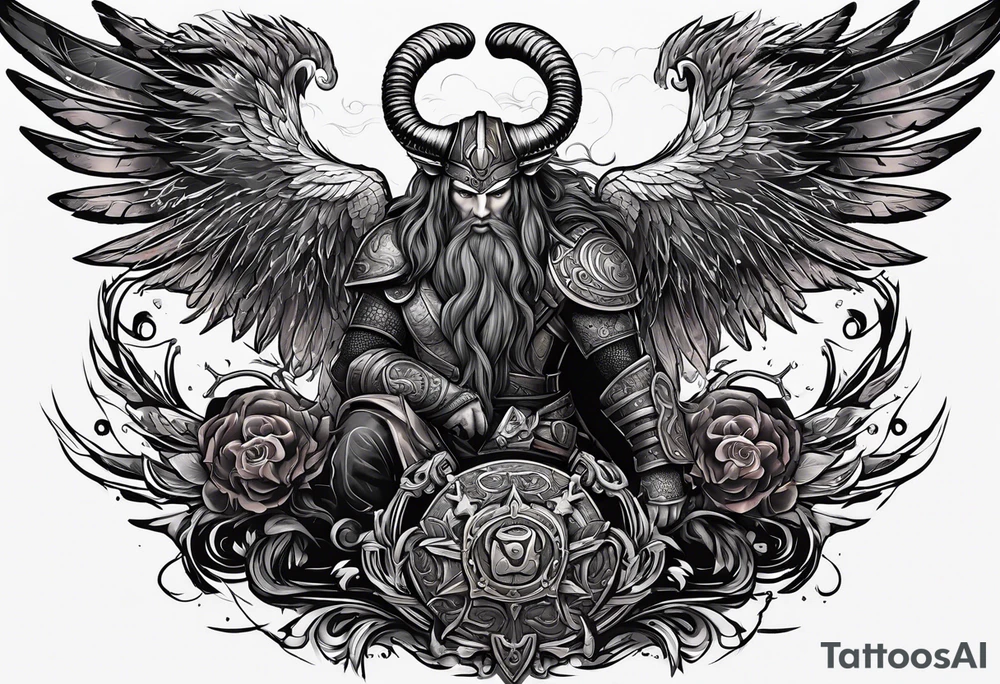 cyberpunk viking, casting demons back to hell with angelx wings, mythical aries ram tattoo idea