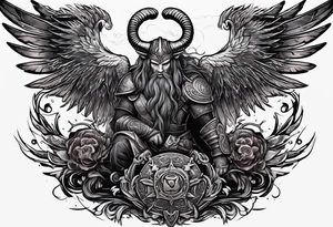 cyberpunk viking, casting demons back to hell with angelx wings, mythical aries ram tattoo idea