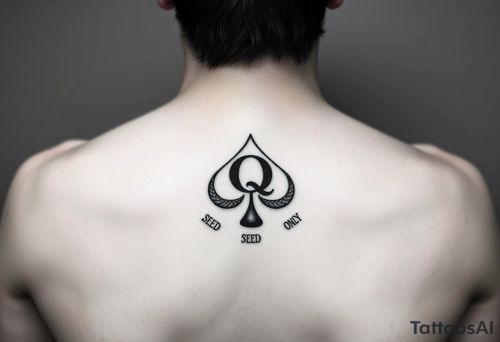 A spade womb tattoo with a Q in the center, with three points around the outside. The first reading, "BLACK". The second reading, "SEED". The third reading, "ONLY". tattoo idea
