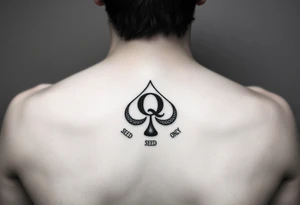 A spade womb tattoo with a Q in the center, with three points around the outside. The first reading, "BLACK". The second reading, "SEED". The third reading, "ONLY". tattoo idea
