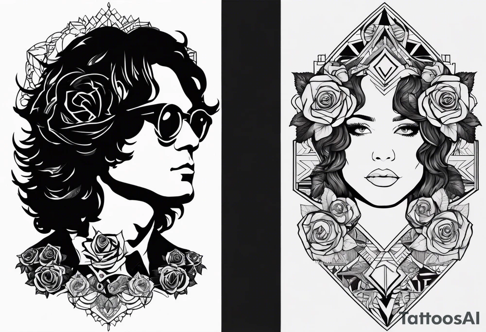 would like a black and white sleeve feautiring Jim Morrison (existing)
 on the upper arm, would like roses and psychadelic shapes in between, Hendrix's guitar, Joplins glasses and Johhn Cash portrait

As a sleeve design for the left arm tattoo idea