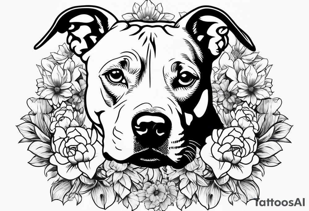 pit bull looking up at you surrounded by flowers tattoo idea
