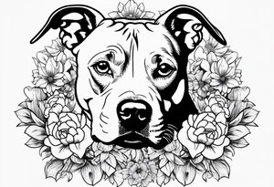 pit bull looking up at you surrounded by flowers tattoo idea