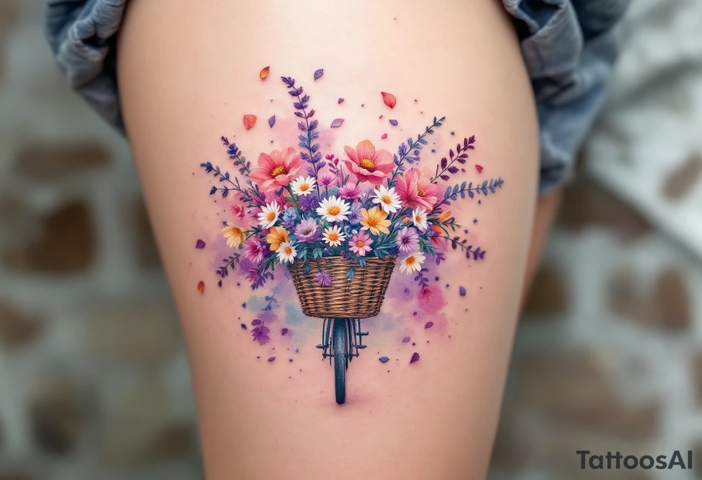 A bike with a basket full of wildflowers, colored in soft purples, pinks, and yellows, with petals floating into the air for a whimsical, carefree feel. tattoo idea