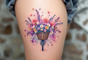 A bike with a basket full of wildflowers, colored in soft purples, pinks, and yellows, with petals floating into the air for a whimsical, carefree feel. tattoo idea