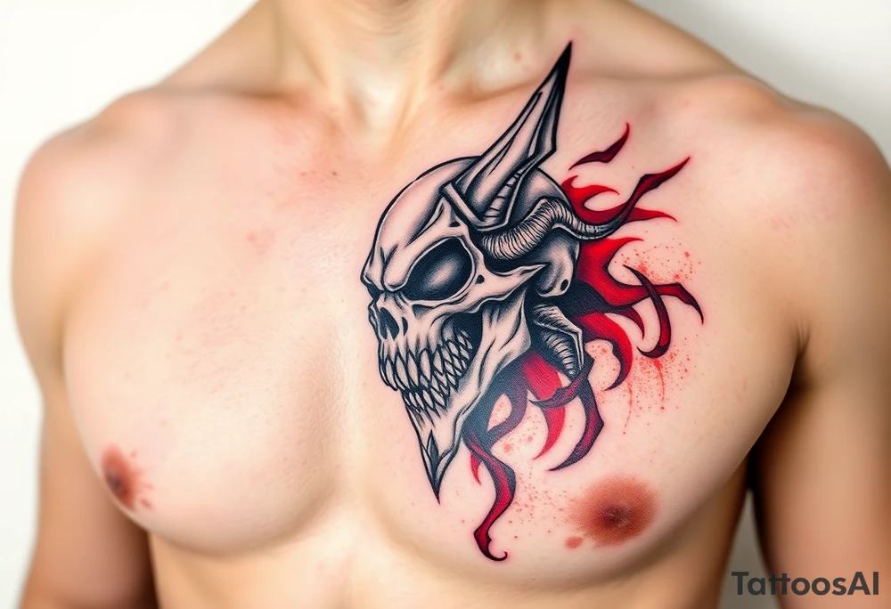Demon skull black and red on left chest male tattoo idea
