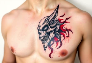 Demon skull black and red on left chest male tattoo idea