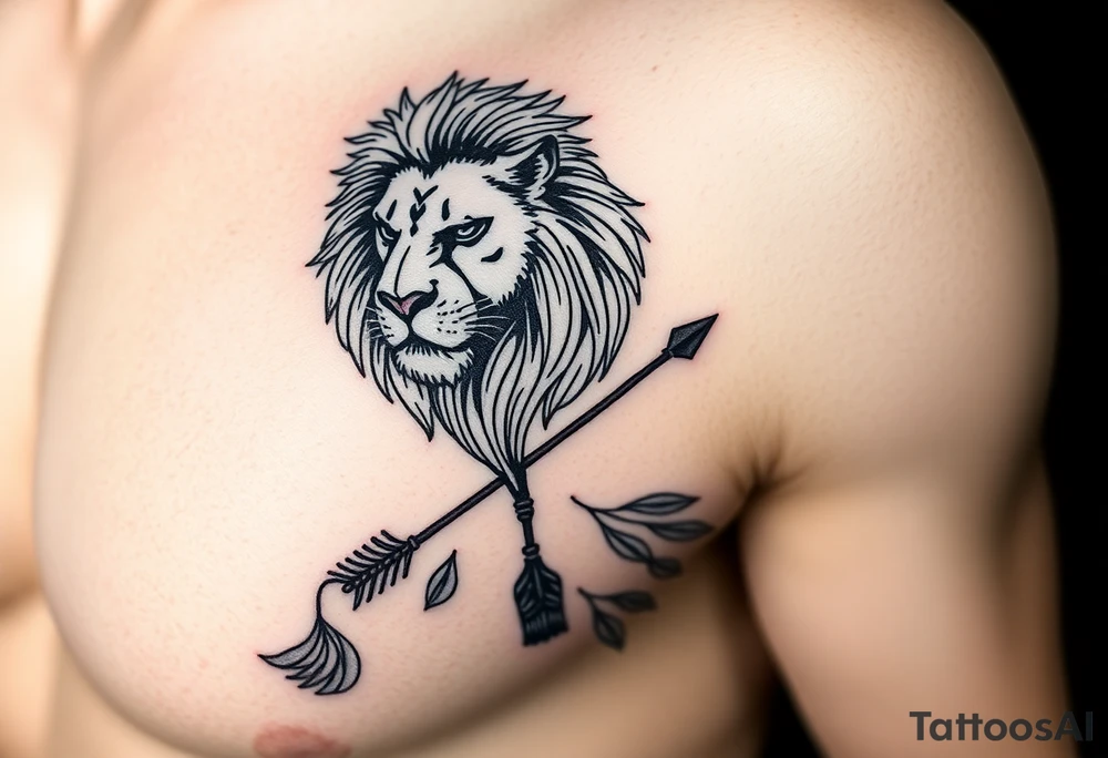 make me a realistic spiritual lion which has come down an arrow and surrounded by a olive tree leaf tattoo idea