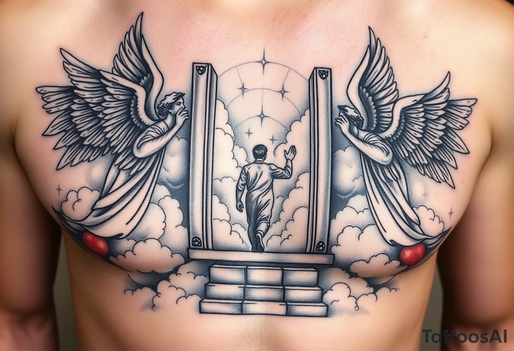 Too strong maleangels holding open the gates of heaven with the male figure walking up the steps.Saying fly high baby boy Realistic angels With clouds in the background and I won't text that I fly hi.Gh baby boy chess fully covered tattoo idea