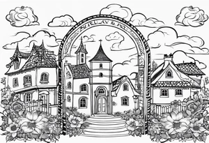 sacred medieval town houses open gate towers garden circle vignette surrounded by clouds floral tattoo idea