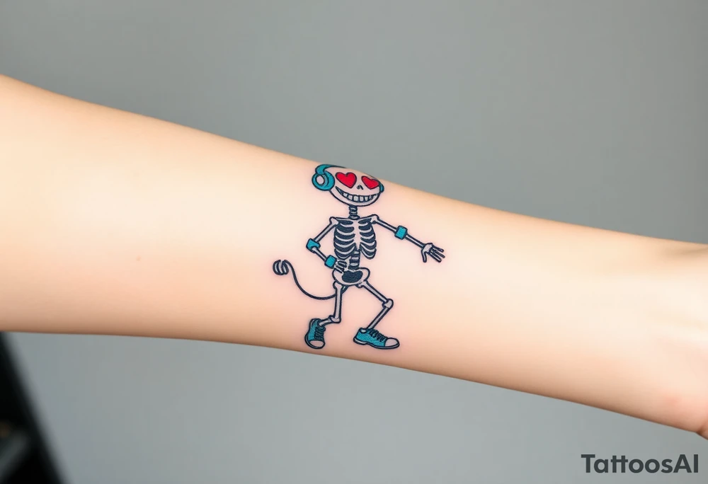 smiley skeleton with red love shape in his eyes jumping on a jump rope with blue headphones and blue armbands and blue sneakers with colorful music notes around his head tattoo idea