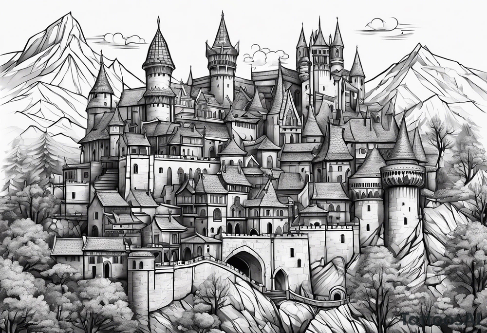 medieval tribal city vignette tattoo idea